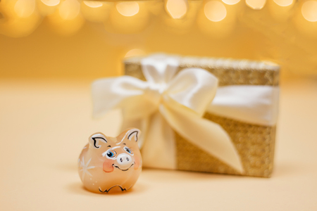 Symbol of the year 2019 along the beautifil golden present box with a satin bow on the bokeh lights background.の写真素材