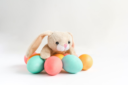 Fluffy Easter rabbit with colorful eggs on white background. Copy space.の写真素材