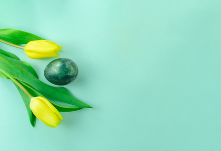 Beautiful spring concept with Easter egg and yellow tulips on turquiose blue background. Flat lay. Copy space.の写真素材