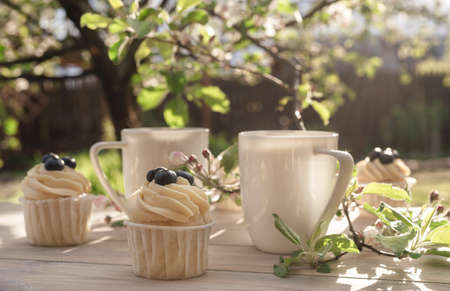 Two beautiful porcelain coffee cups with homemade blueberry cupcakes with vanilla cream on wooden...