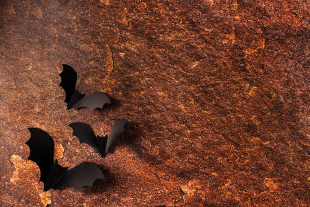 Cartoon halloween  black bats on orange stone texture