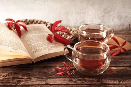 Beautiful rustic template of two cups of tea and book on wooden background. Cozy natural autumn...