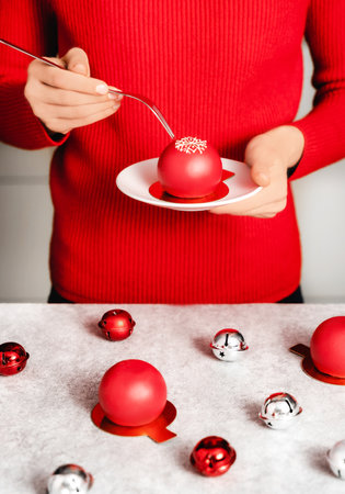 Beautiful young female hands holding red ball mousse dessert decorated with white snowflake on white...
