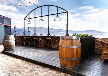 Italian street cafe background in vintage style with mountains in the distance. Background for your...