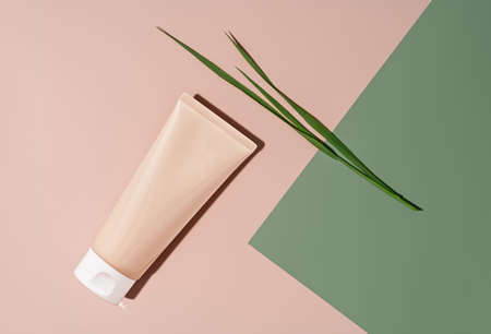 Cosmetic skin care product body lotion, shampoo, face cream or mask with grass on pastel beige and green background in flat lay style. Natural beauty and organic cosmetics concept with copy space for your design.の写真素材