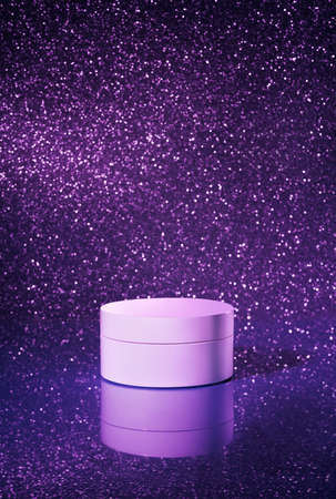 White cosmetic mockup package design with moisturizer cream on sparkling purple background starry sky imitation. Cosmetic product poster with copy space. Skin care concept.の写真素材