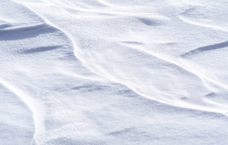 Freshly fallen snow surface looking like dunes shaped by wind. Winter abstract snow texture background.の写真素材
