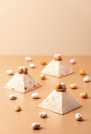 Traditional cottage cheese dessert Paskha decorated with caramel and chocolate candy eggs on pastel...