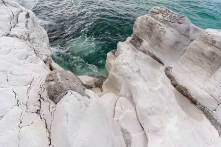 Beautiful seascape with white rock formation on cloudy day. Beautiful landscape. Natural background.の写真素材