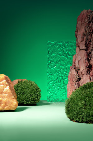 Natural green forest concept background, podium for product presentation. Mockup for the demonstration of cosmetic products with copy space.の写真素材