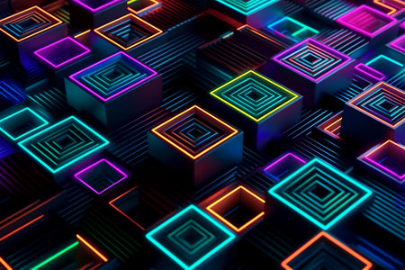 Bright futuristic tech abstract geometric neon fluorescent light background. 3d rendering illustration. Generative AI.の素材