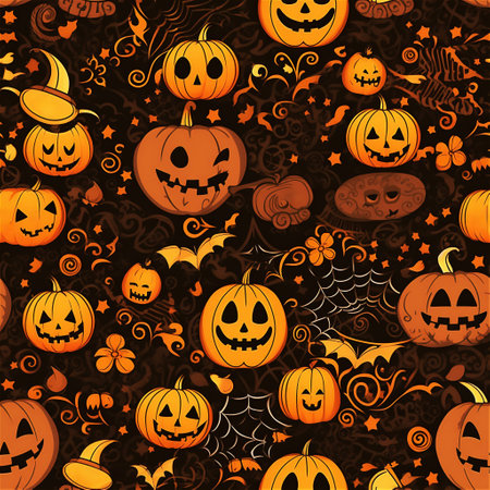Seamless pattern of orange Halloween pumpkins, bats and spiderwebs on black background for fabric, wallpaper or home decor. Childrens illustration in cartoon style. AI generated image.の素材