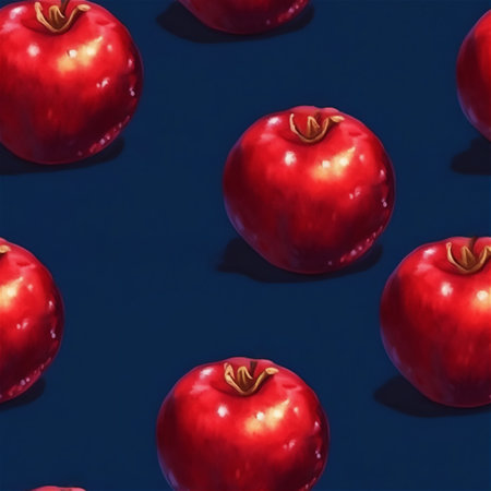 Seamless pattern of ripe red pomegranates on dark blue background. Seamless pattern. AI generated image.の素材