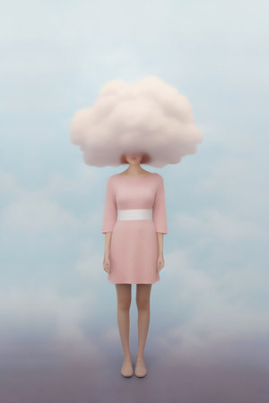 Beautiful young woman with a white cloud covering her head on a sky background in minimalist design. AI generated image.の素材