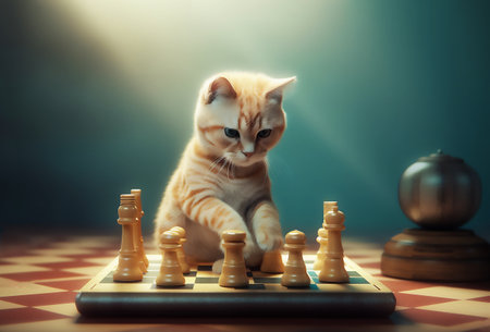 Cute pug sitting playing chess. Minimalistic illustration. AI generated.の素材