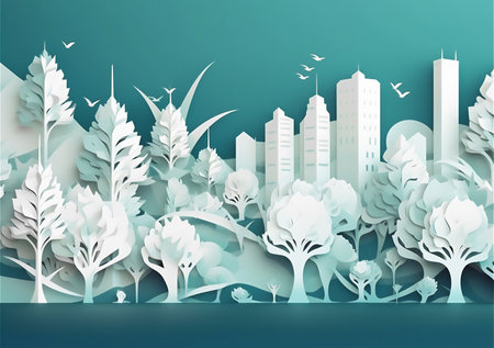 Eco-friendly futuristic city design with lots of trees in paper cut art style. Generative AI.の素材