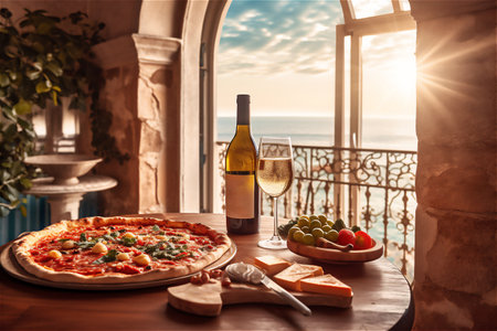 Italian pizza with glasses of white wine at luxury restaurant with a sea view at sunset. AI generated image.の素材