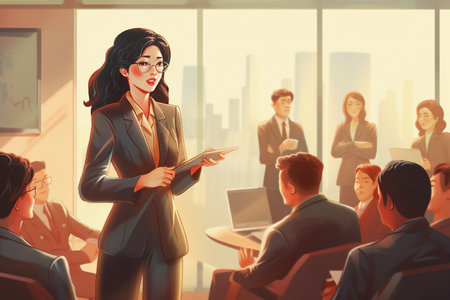 Young asian female entrepreneur, coach or speaker giving presentation to a group of investors, students or employees at office briefing. AI generated image.の素材