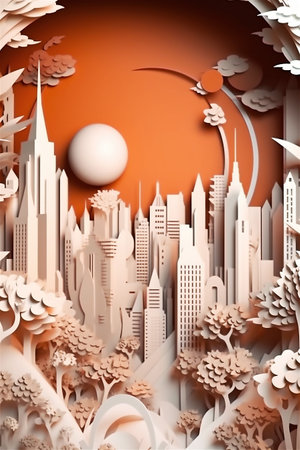 Eco-friendly futuristic city design with lots of trees in paper cut art style. Generative AI.の素材