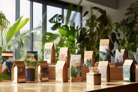 Paper eco-friendly disposable packaging for tea or organic products with green plants on display. The concept of using biodegradable materials. Plastic free lifestyle.の素材