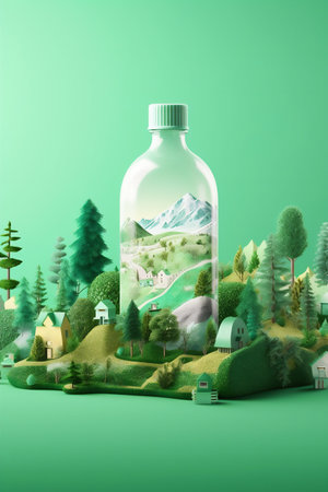 Eco-friendly disposable glass packaging with plants on green background. The concept of using biodegradable materials. Plastic free lifestyle.の素材