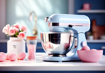 Stylish background of baking setup with utensils and ingredients in trendy pastel colors. Close-up. Generative AI.の素材