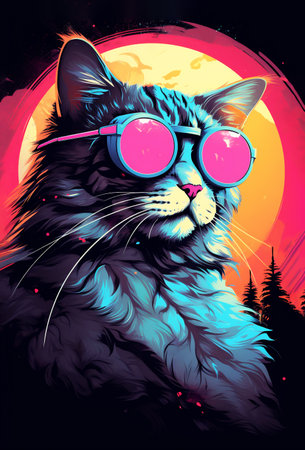 Creative futuristic 80s cyberpunk-style retro cat illustration. Close-up. Generative AI.の素材
