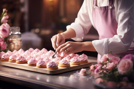 Female chef hands preparing and decorating pink cakes. Women cooking concept. Close-up. Generative AI.の素材