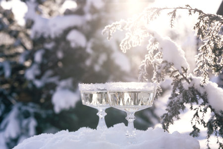 Two crystal glasses of sparkling wine or champagne cooling in snow on winter natural background with beautiful sunlight bokeh. Holiday celebration concept.の写真素材