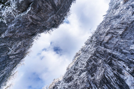 Beautiful winter landscape of Yupsharsky Canyon panorama and snow-covered trees. Great natural background with copy space for your design.の写真素材