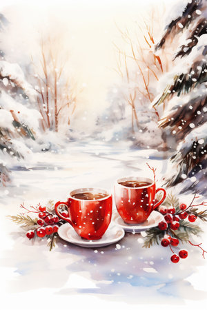 Warm tea or coffee against festive winter scenery. Watercolor illustration. Generative AI.の素材
