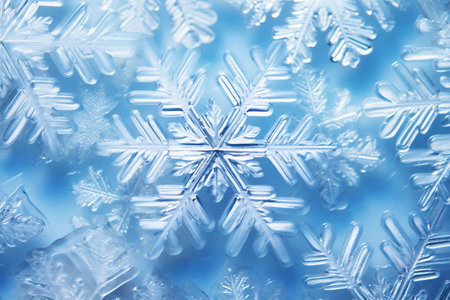 Background covered in snowflakes and frost patterns. Macro photo. Generative AI.の素材