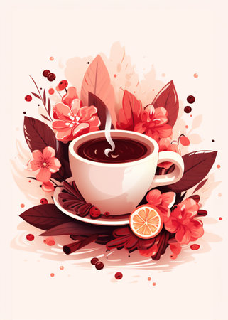 Festive seasonal drink with a comforting flowery backdrop. Watercolor illustration. Generative AI.の素材