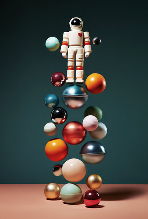 Minimalistic abstract background with astronaut toy and seasonal decorations and ornaments. Christmas in space concept. Generative AI.の素材