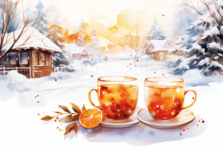 Festive winter ginger orange drink with a comforting natural backdrop. Watercolor illustration. Generative AI.の素材