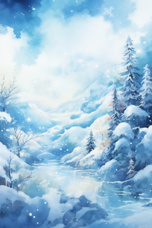 Beautiful winter background of frozen river, forest and mountains. Watercolor illustration. Generative AI.の素材
