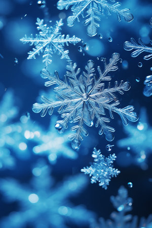 Background covered in snowflakes and frost patterns. Macro photo. Generative AI.の素材