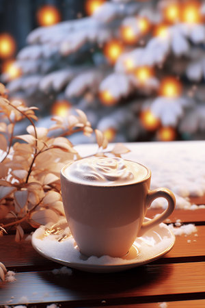 Cozy white porcelain cup of cappuccino on a festive winter backdrop with Christmas lights. Beauty of the season concept. Generative AI.の素材