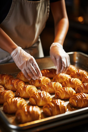 Female chef hands preparing and decorating croissants. Cooking concept. Close-up. Generative AI.の素材