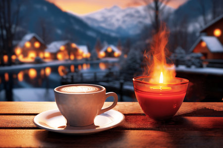 Cozy white porcelain cup of cappuccino on a festive nature winter backdrop. Beauty of the season and traveling concept. Generative AI.の素材