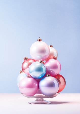 Minimalistic background with seasonal decorations and ornaments. Copy space. Generative AI.の素材
