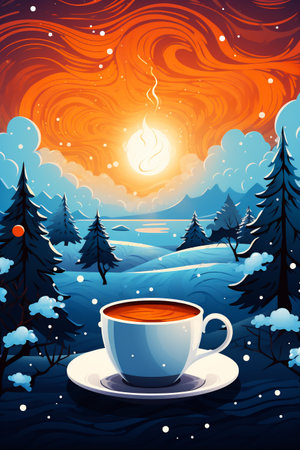 Cozy cup of steaming tea or coffee on a wintry natural background. Minimalistic illustration. Generative AI.の素材