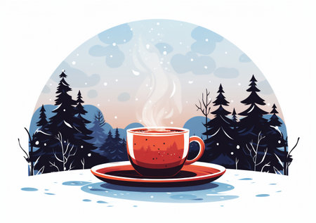 Cozy cup of steaming tea or coffee on a wintry natural background. Minimalistic illustration. Generative AI.の素材