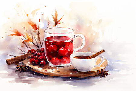 Cosy drink with berries against a winter holiday background. Watercolor illustration. Generative AI.の素材