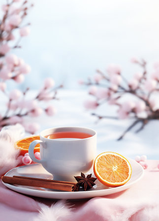 Cozy white porcelain cup of tea on spring natural cherry pink blossoms background. Copy space. Generative AI.の素材