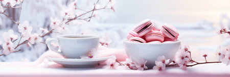 Hot drink and cakes on a wintery holiday setting. Web banner. Generative AI.の素材