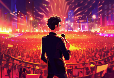 Poster of young asian male singer on stage singing into microphone on colorful background. Rock, k-pop or c-pop concert. Generative AI.の素材