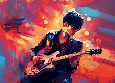Poster of young asian male singer on stage playing guitar on colorful background. Rock, k-pop or c-pop concert. Generative AI.の素材