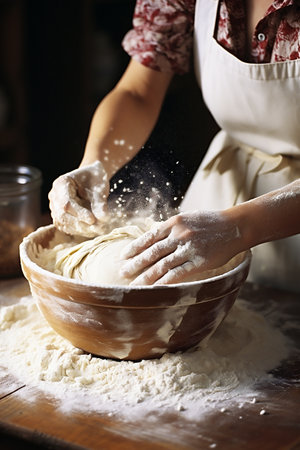 Female hands mixing and kneading dough. Woman cooking concept. Close-up. Generative AI.の素材