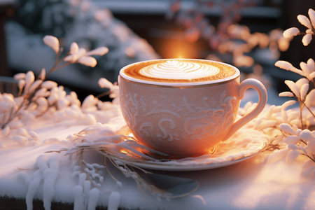 Cozy white porcelain cup of cappuccino on a festive nature winter backdrop. Beauty of the season concept. Generative AI.の素材